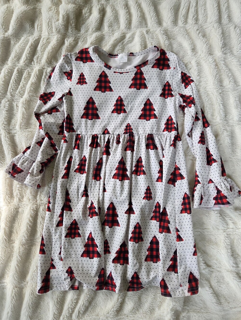 Girls White Holiday Dress with Red Plaid Trees Size 10-12 Christmas Teen Youth
